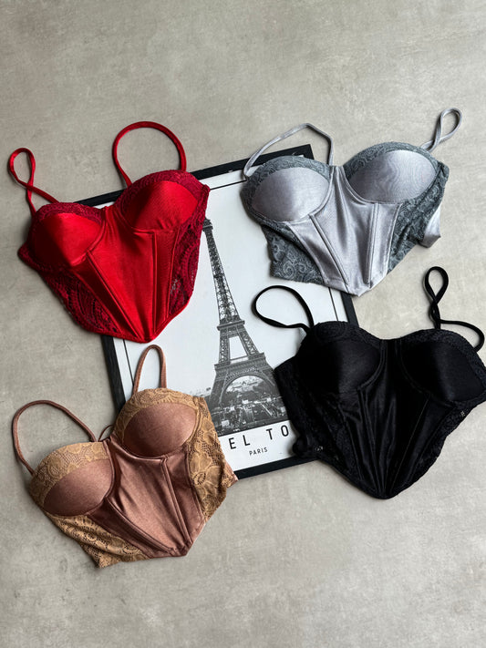 Corset satén lucrado con encaje